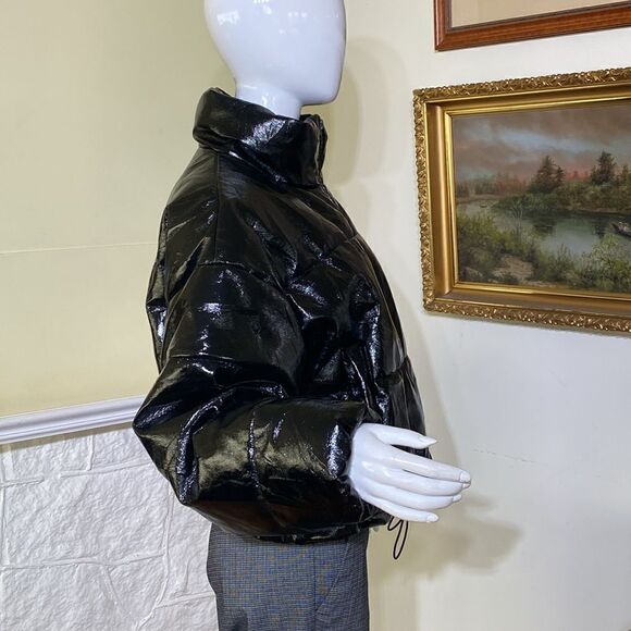 H&M Divided Black Glossy Vinyl Puffy Bomber Jacket - Picture 3 of 11
